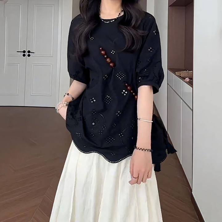 圆领镂空短袖衬衫2025夏季薄款胖MM大码女装独特漂亮遮肚宽松上衣