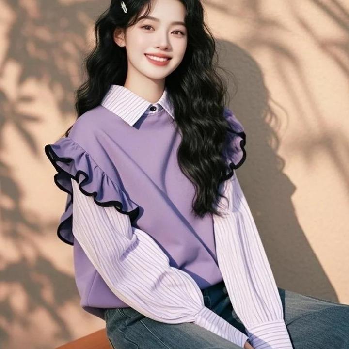 2025春季新款慵懒风宽松紫色撞色拼接假两件上衣牛仔裤显瘦两件套