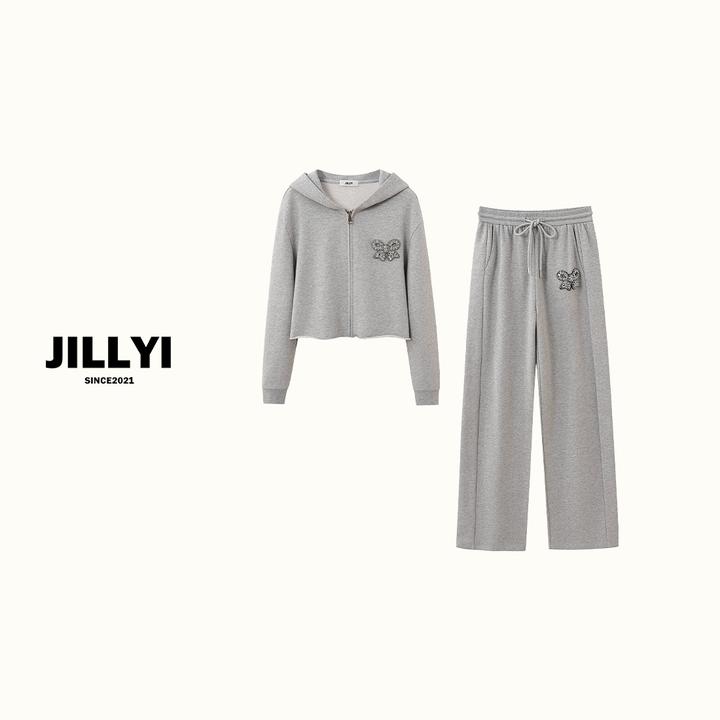 jillyi【浅灰悸动】灰色连帽运动休闲外套+灰色长裤秋季时尚套装