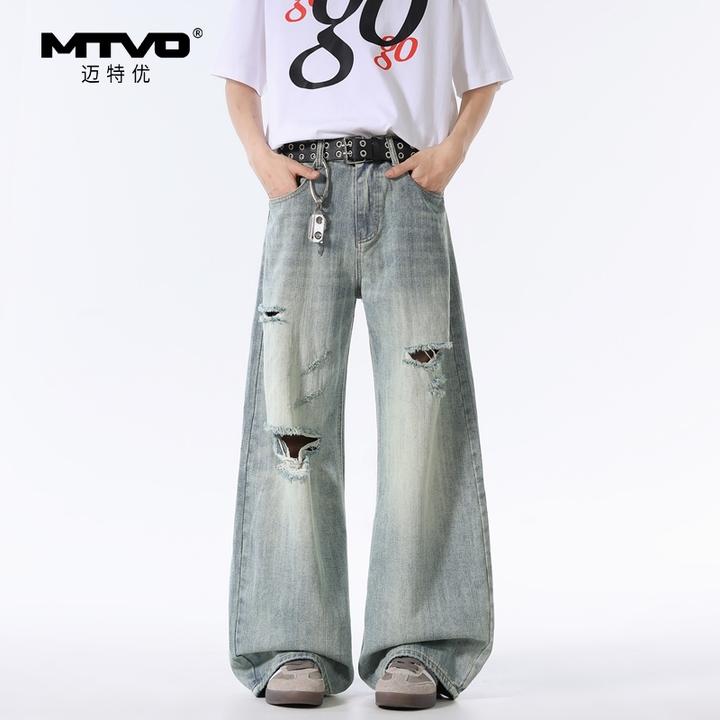 阔腿弯刀裤2025年秋季新款男款美式潮牌高街时尚百搭破洞牛仔长裤