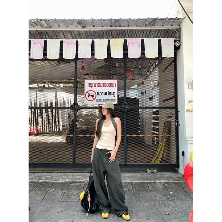 2025夏季新款辣妹设计感撞色修身百搭背心上衣高腰显瘦宽松阔腿裤