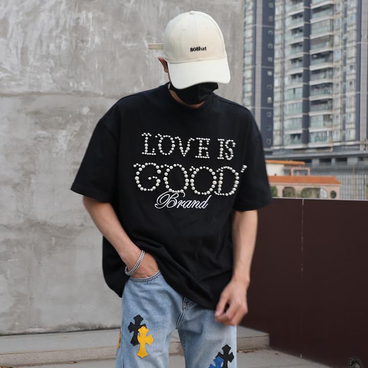 THIS WOW美式300克重磅珍珠短袖GOOD情侣纯棉黑色T恤宽松休闲圆领