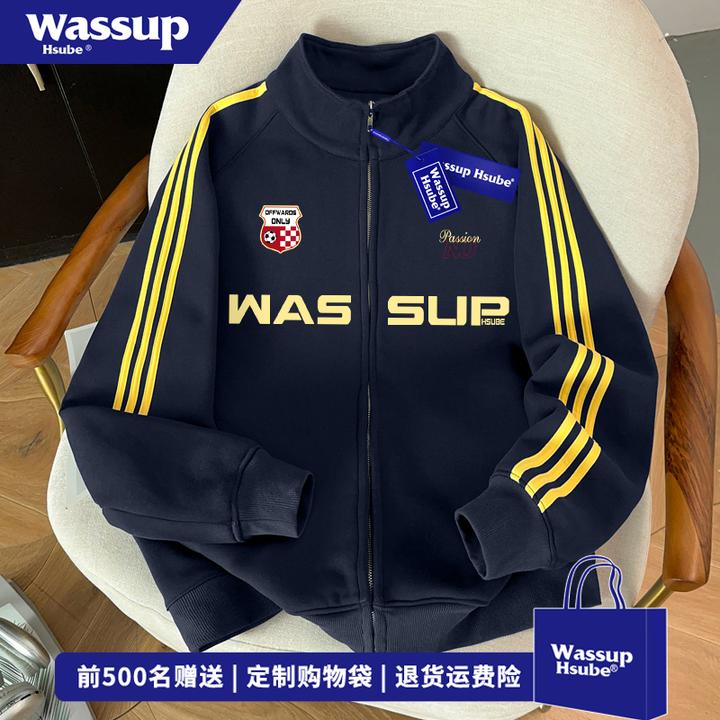 WASSUP HSUBE高街创意字母印花三条杠外套男秋冬潮流立领开衫卫衣