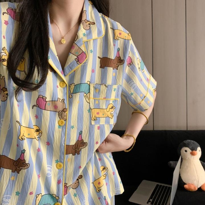 【短袖三件套云朵棉】条纹卡通春夏季网红学生宽松家居服套装