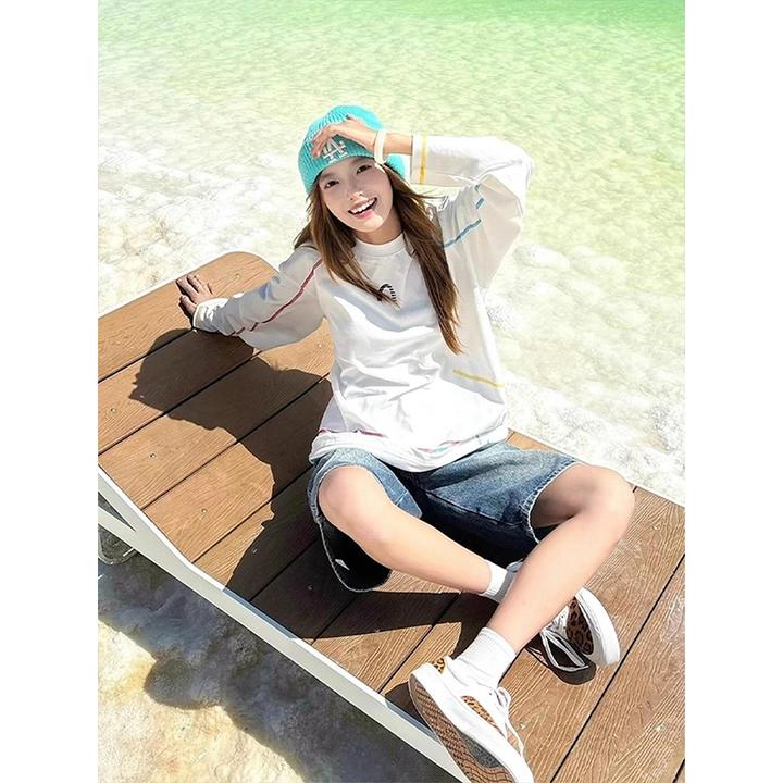 速干彩色不规则三针五线印花长袖防晒情侣长袖t恤女夏季