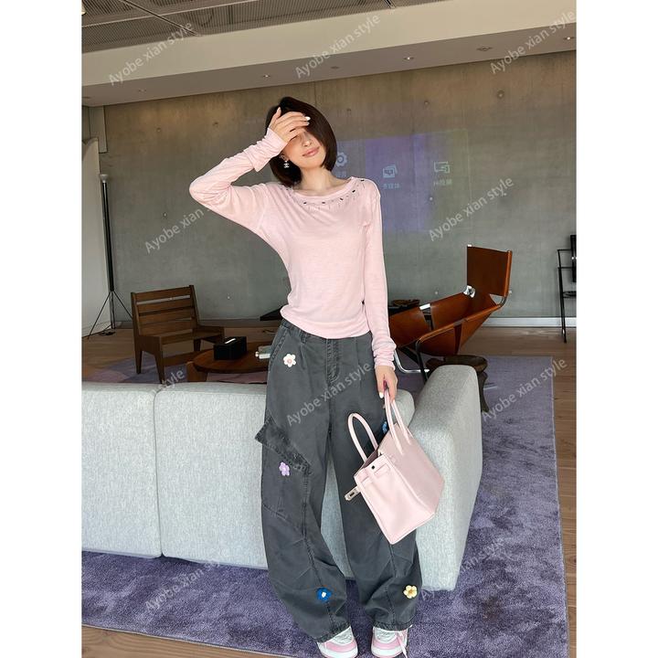 【AYOBE】美式复古小众休闲嘻哈立体花朵工装裤