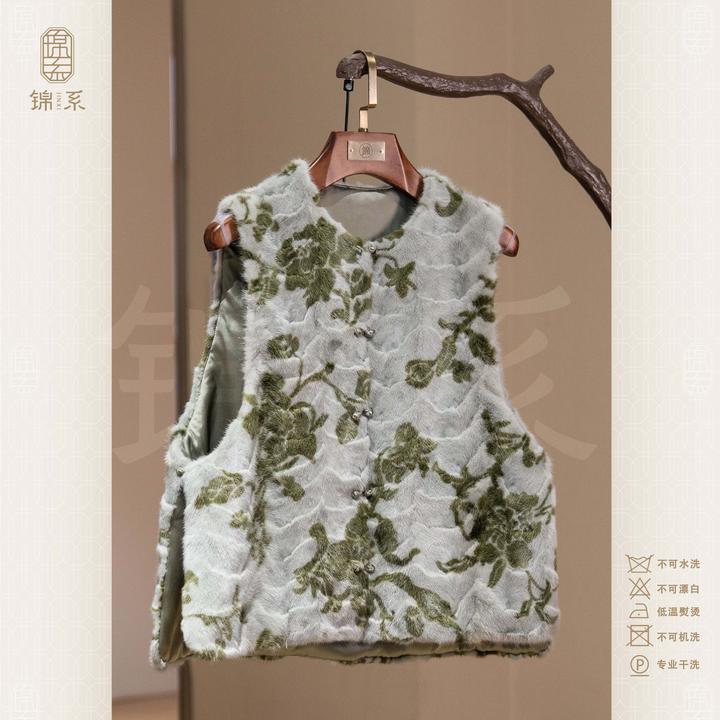 【锦系】皮毛一体水貂中式国风圆领直襟加棉马甲背心上衣E-383283