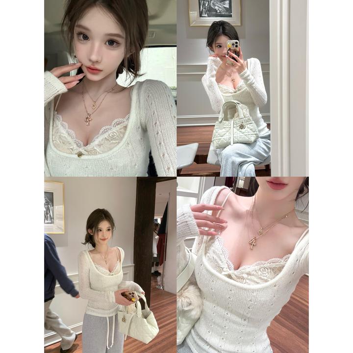 2025世娇妲己方领镂空针织衫设计感春款叠穿内搭蕾丝吊带上衣