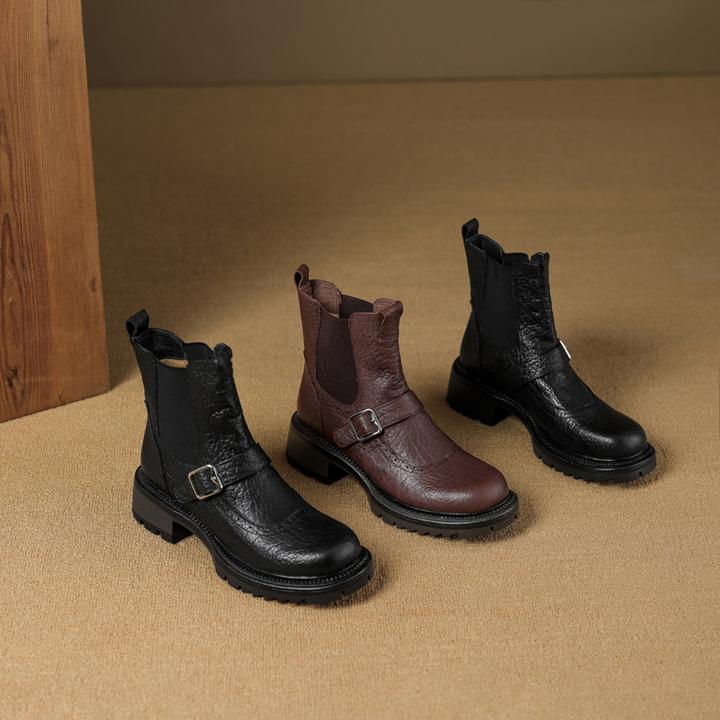 2025英伦风皮带扣厚底短靴女秋冬裸靴真皮靴子棕色马丁靴粗跟