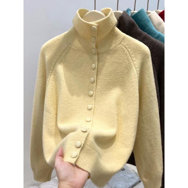 今年女士秋季新款加厚高领单排扣针织女式针织衫懒散宽松上衣女款