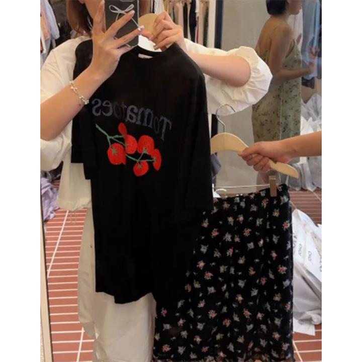 夏季新款修身显瘦设计感印花T恤短袖上衣穿搭气质时尚收腰半身裙