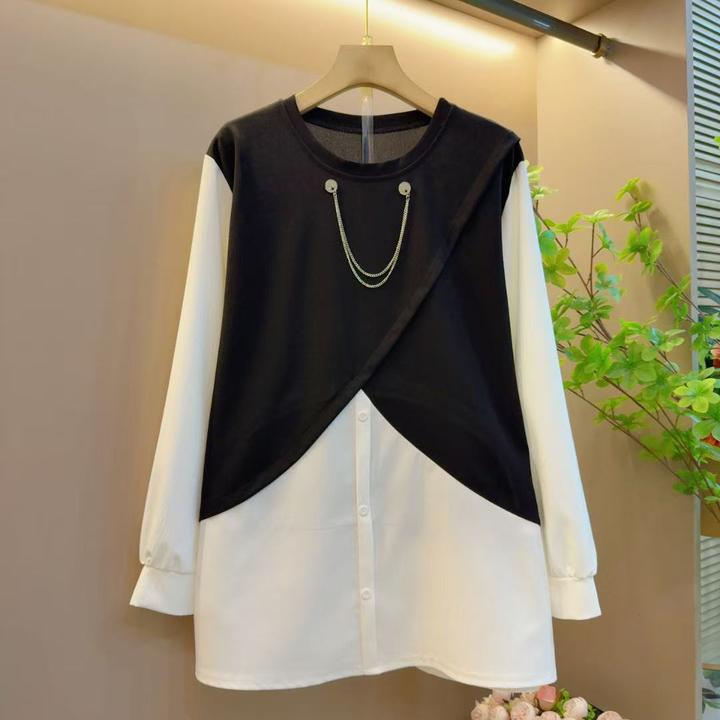 胖妹妹时尚韩版圆领显瘦宽松拼接假两件休闲百搭上衣（长73左右）