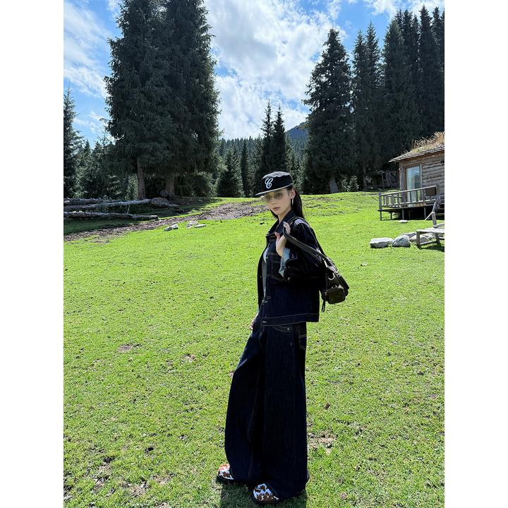 杨九七 翻领正肩长袖牛仔外套女早秋复古原牛色宽松长裤套装7776