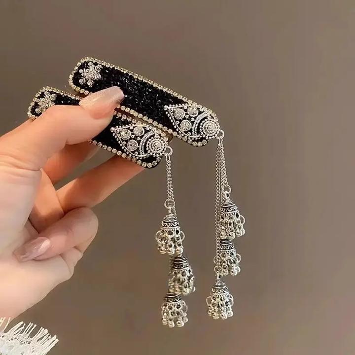 黑色铃铛流苏款发夹女复古刘海侧边夹民族风发卡气质BB夹头饰