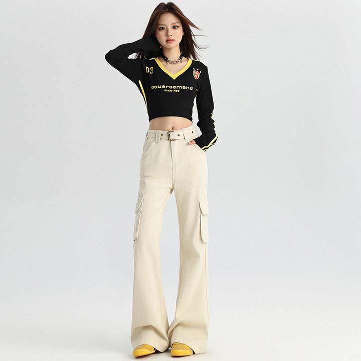 Mike&杏色微喇休闲工装牛仔裤女2025春秋复古腰带多口袋拖地裤