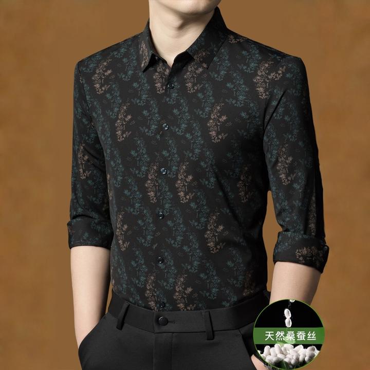 春秋新款植物花卉抗皱男士商务休闲碎花修身衬衫潮流轻奢polo衫