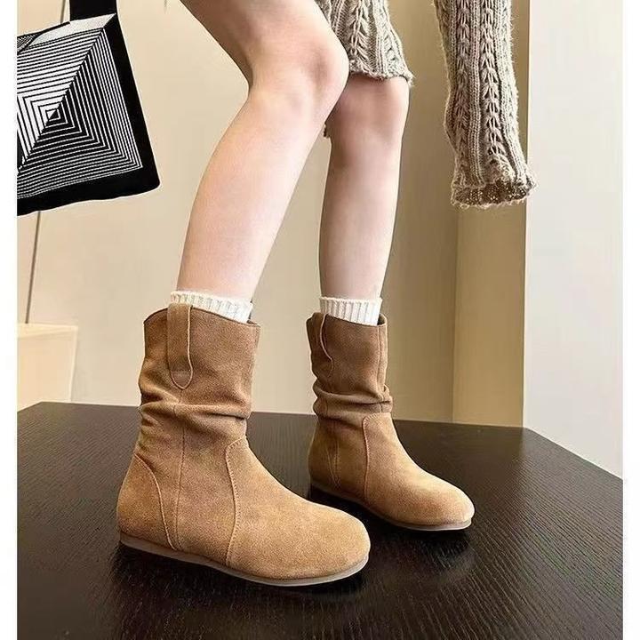 马丁靴短靴圆头短筒洋气堆堆靴卡其色粗跟厚底中筒鞋子女款秋冬