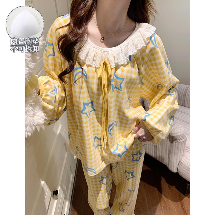 带胸垫春秋季睡衣女款爆款2025新款大码舒适可外穿长袖家居服套装