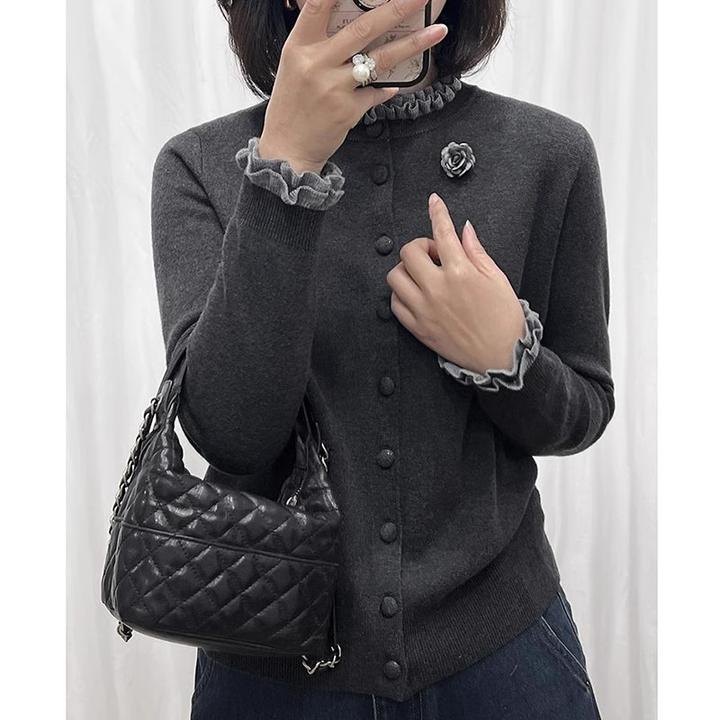 慵懒风撞色花边领针织开衫外套女秋冬宽松软糯毛衣设计感长袖上衣