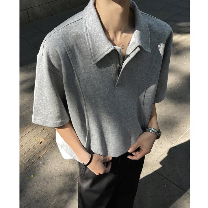 美式解构廓形polo领拉链短袖t恤男夏季百搭重磅半袖潮牌宽松中袖