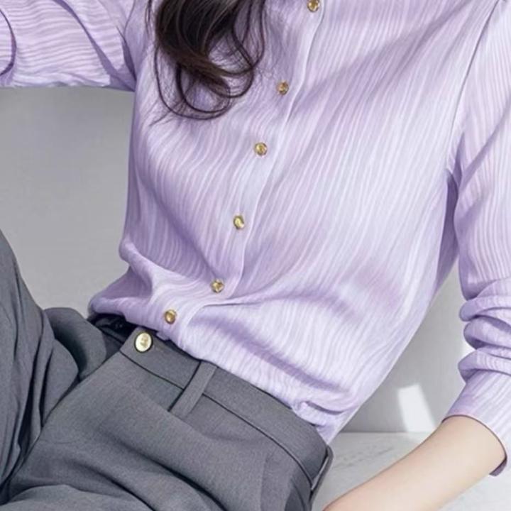 SS728法式优雅小香风紫色立领长袖衬衫女春高级感超好看百搭小衫