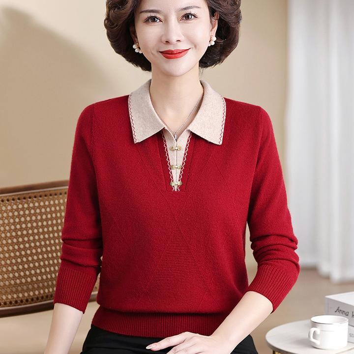 洋气中年妈妈装春秋翻领针织红色宽松毛衣秋季新款洋气时尚两件套