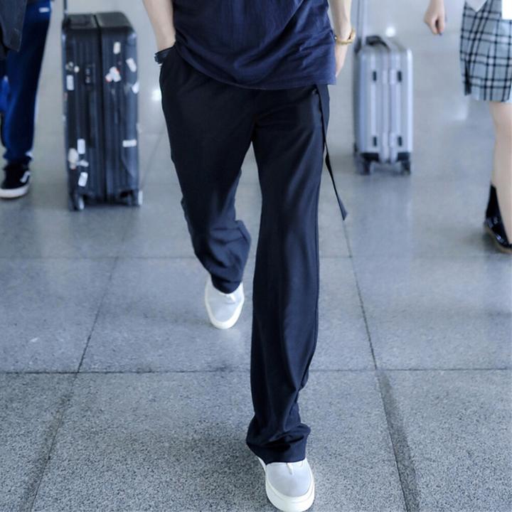 定制款高垂感时尚轻薄舒适夏季男士长裤宽松系腰带直筒休闲裤潮男