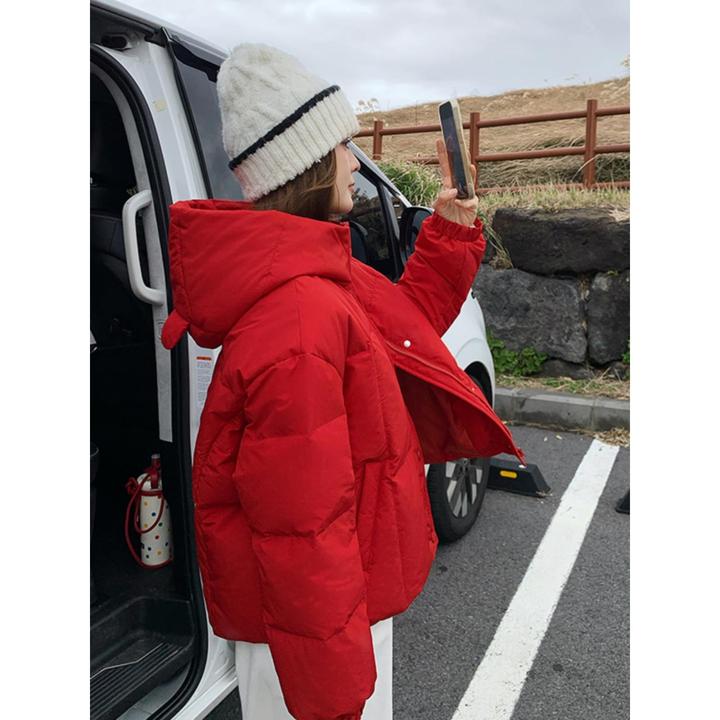 红色连帽短款羽绒棉服女2024冬季新款小个子设计感加厚面包服外套
