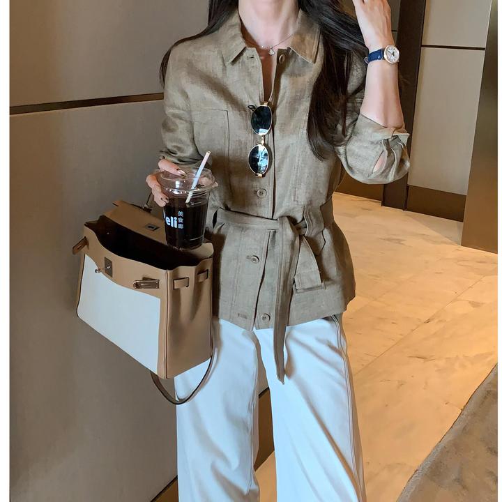复古英伦风亚麻外套女秋时尚高级气质设计感棉麻翻领收腰短夹克衫