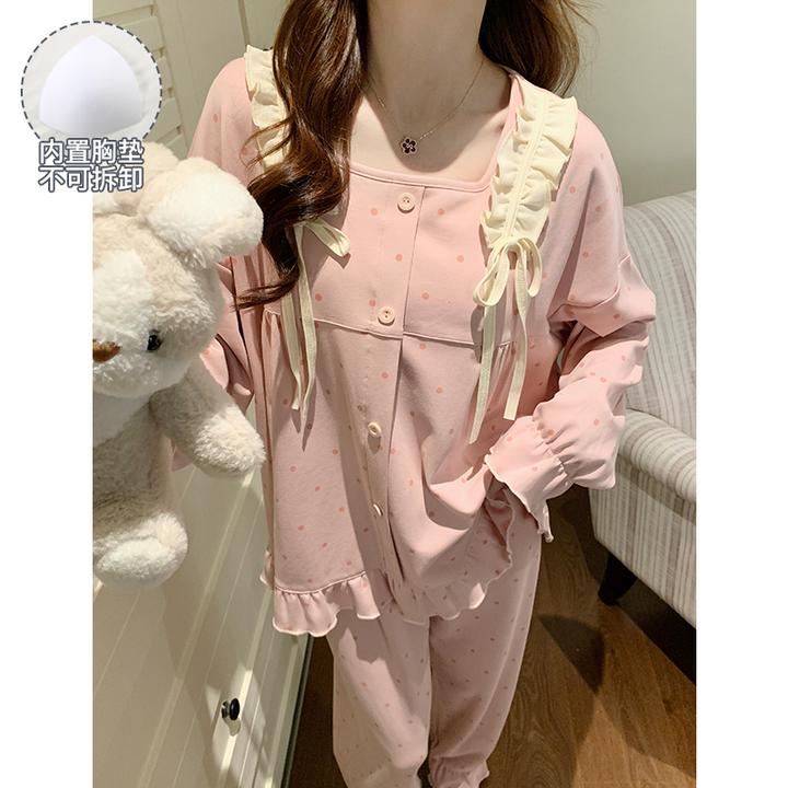 春秋季睡衣女款爆款2025新款大码带胸垫可外穿舒适长袖家居服套装