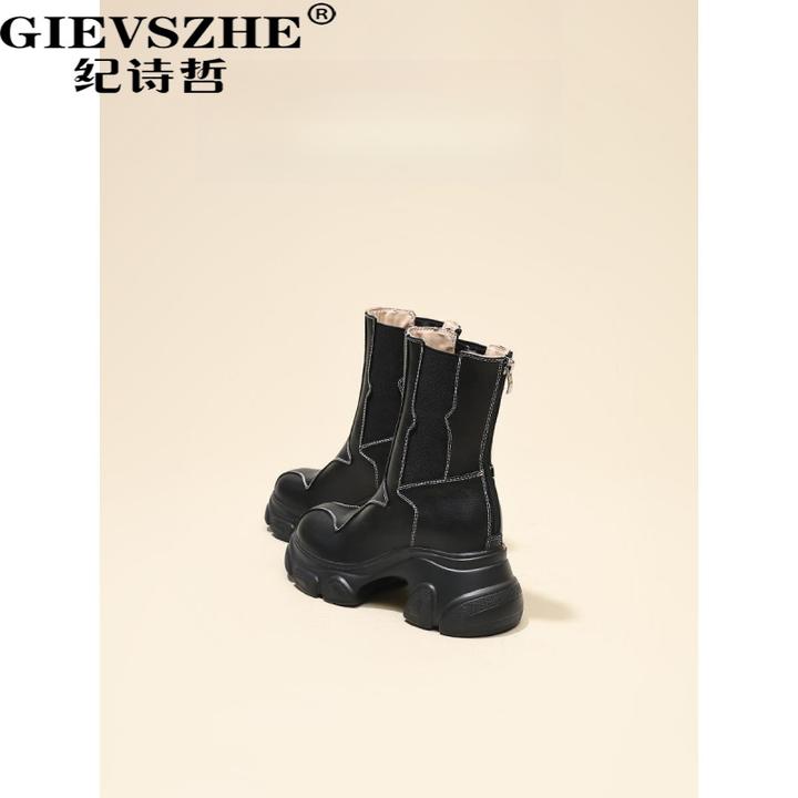 纪诗哲靴子女增高显瘦马丁靴女秋冬小个子黑色百搭粗跟切尔西短靴