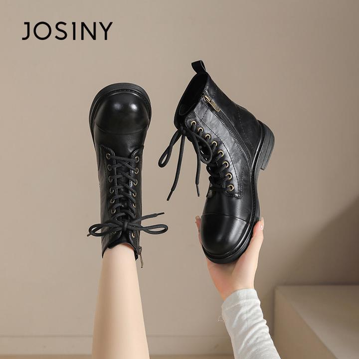 卓诗尼英伦风短靴女2024秋冬新款厚底增高马丁靴圆头系带短筒靴