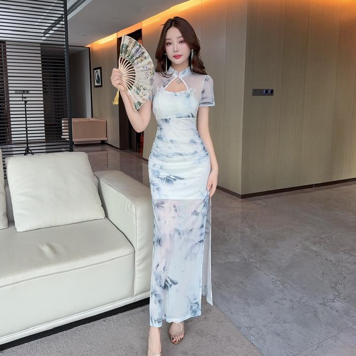 性感优雅淑女网纱花色开叉连衣裙气质修身显瘦包臀改良旗袍长裙夏
