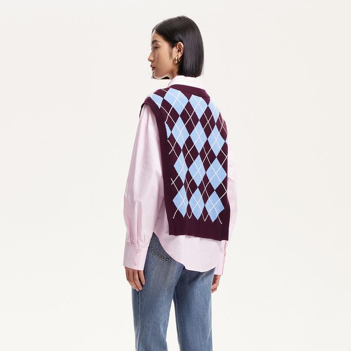 Vero Moda衬衫女2025新款拼接菱格纹撞色套头衬衫高级感小众贵气