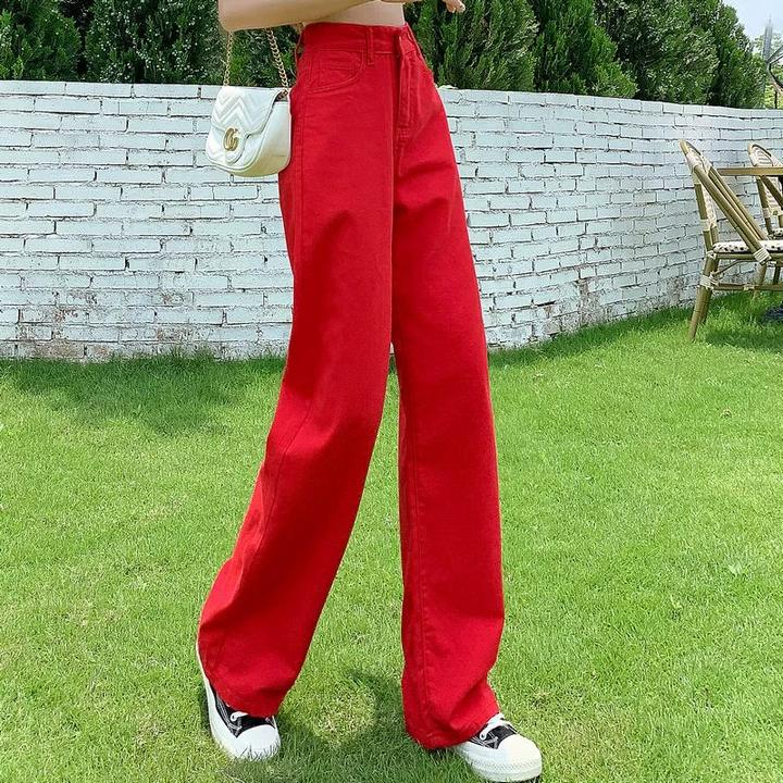 2025春季红色牛仔裤女款裤子直筒拖地遮肉时尚高腰显瘦阔腿裤子女