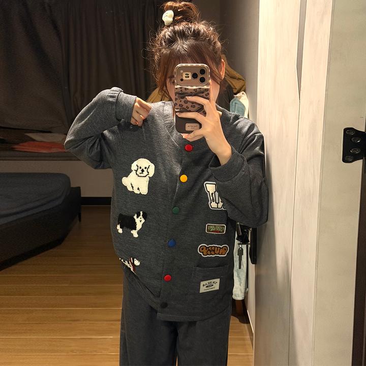 睡衣女春秋季时尚长袖2025新款大码可外穿小狗冬天保暖家居服套装