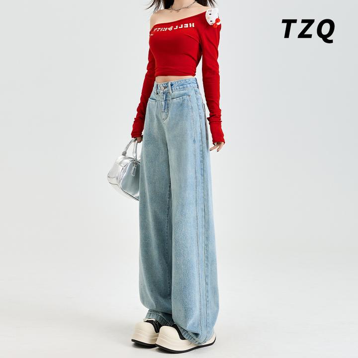 2025春秋新款加绒爆款牛仔裤女高腰显瘦设计感阔腿裤子TZQ2511347