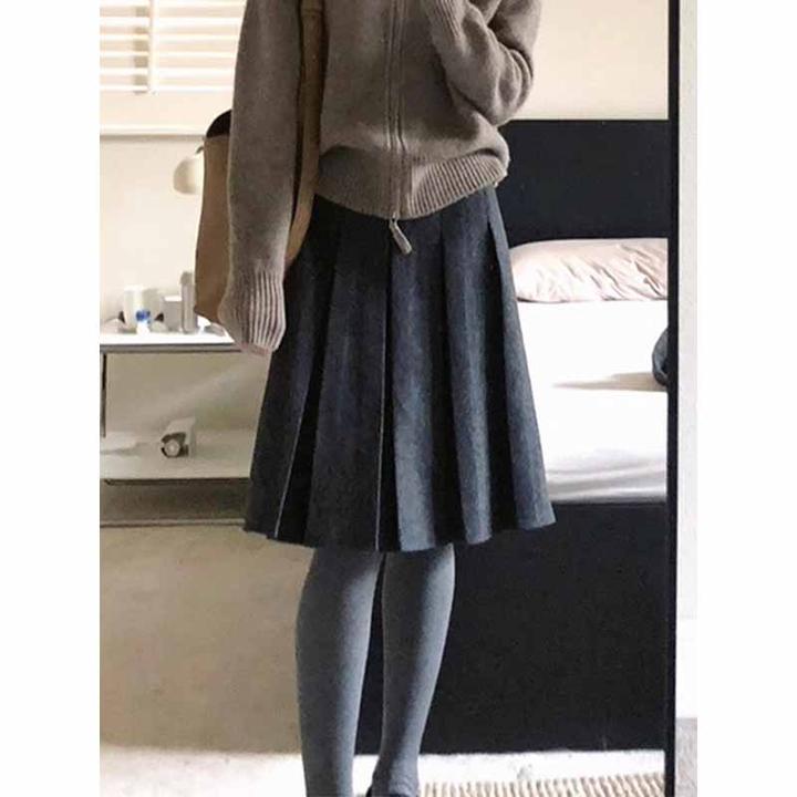 灰色毛呢百褶中裙女秋冬新款大码胖mm高腰显瘦遮肚小个子a字短裙