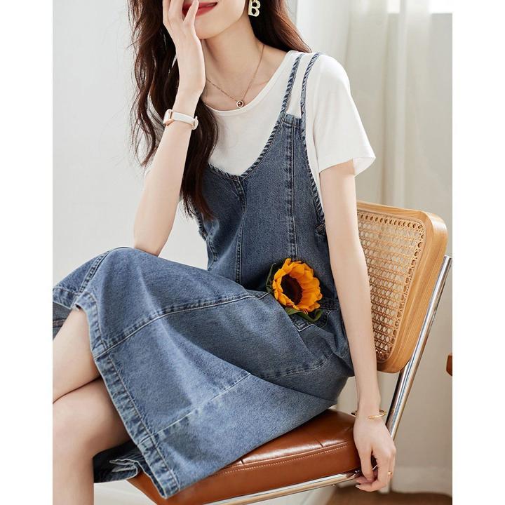 2025夏季新款时尚韩版显瘦休闲百搭气质T恤+薄款背带裙套装女