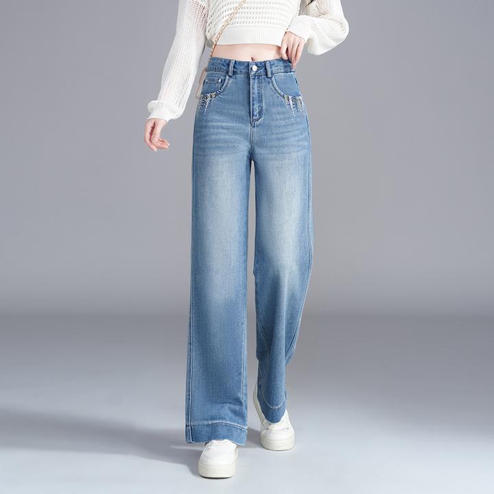 正品高端阔腿牛仔裤2025春秋新款高腰显瘦刺绣百搭休闲直筒裤爆款