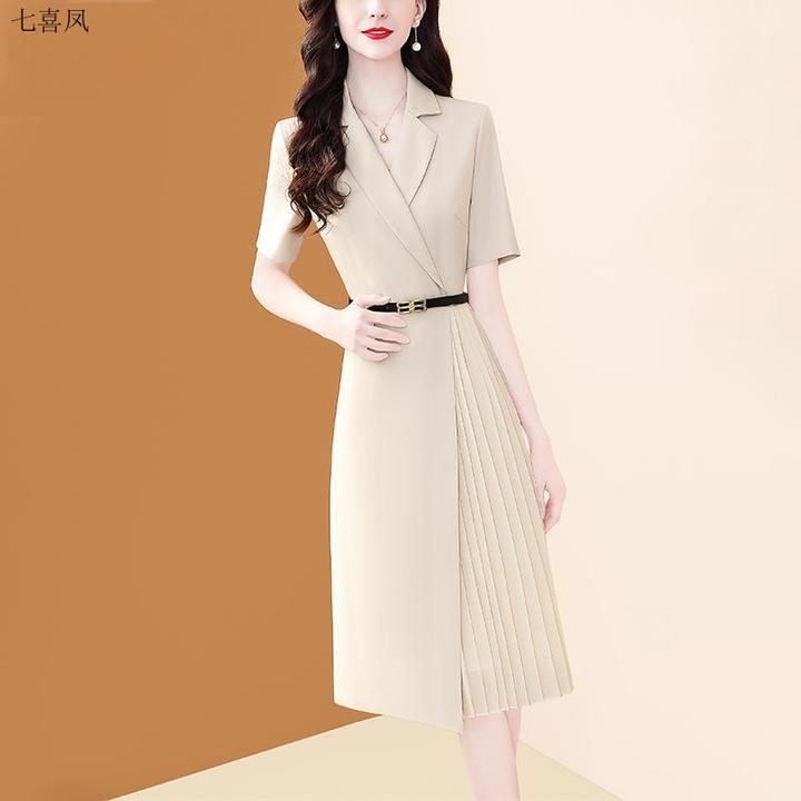 新款设计感拼接通勤裙夏日短袖西装领气质女性中长款纯色宽松腰A