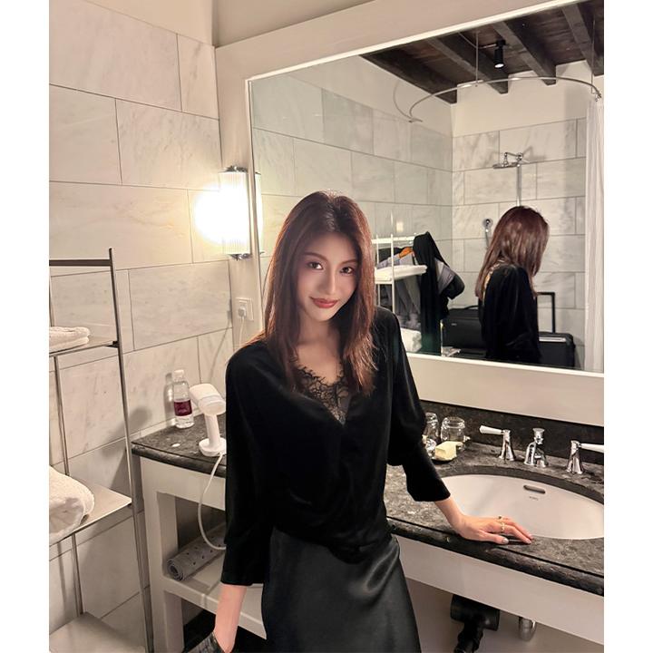 【ALONE SAVOR】龍喜儿绣夜 早秋法式轻奢蕾丝拼接小衫T094