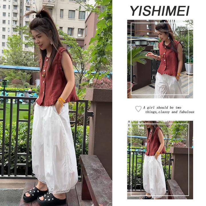 【现货】夏季时尚穿搭2025新款简约气质木耳边上衣高腰休闲裤两件套