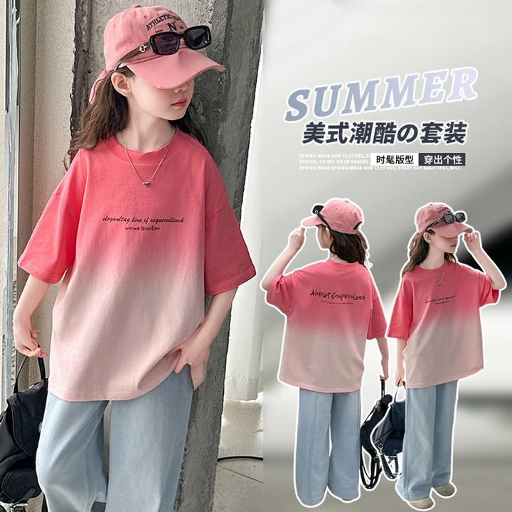 女童中大童夏季时尚印花T休闲宽松时髦潮酷牛仔直筒裤套装