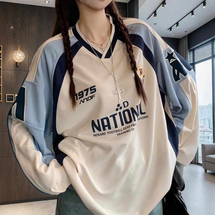 特大码早秋必备美式学院正肩宽松撞色运动棒球衣长袖小众别致上衣