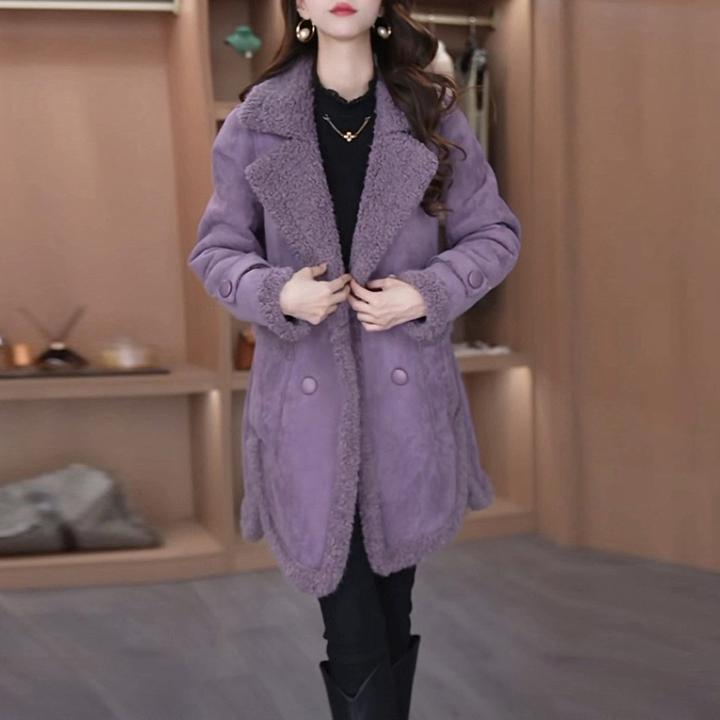 北吉绒加绒加厚保暖外套女2025秋冬季新款高级感紫色气质法式大衣