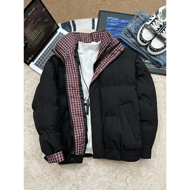假两件立领夹克棉服男冬季加厚保暖棉衣情侣外套美式拼接格子棉袄