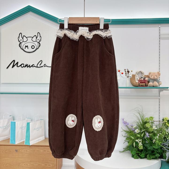MOMOCO女童冬季百搭甜美蝴蝶结花边加绒束脚卫裤77830372001