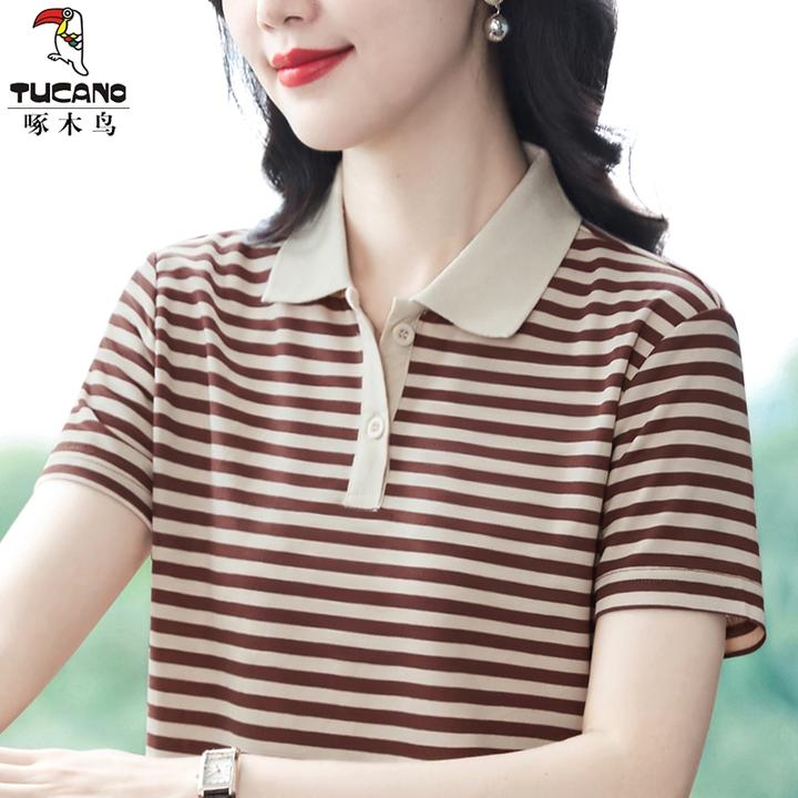 清仓捡漏啄木鸟正品甩卖纯棉翻领条纹短袖t恤女夏宽松上衣polo衫