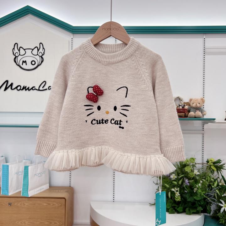 MOMOCO女童冬季儿童时尚可爱猫咪网纱拼接针织毛衣77830230039